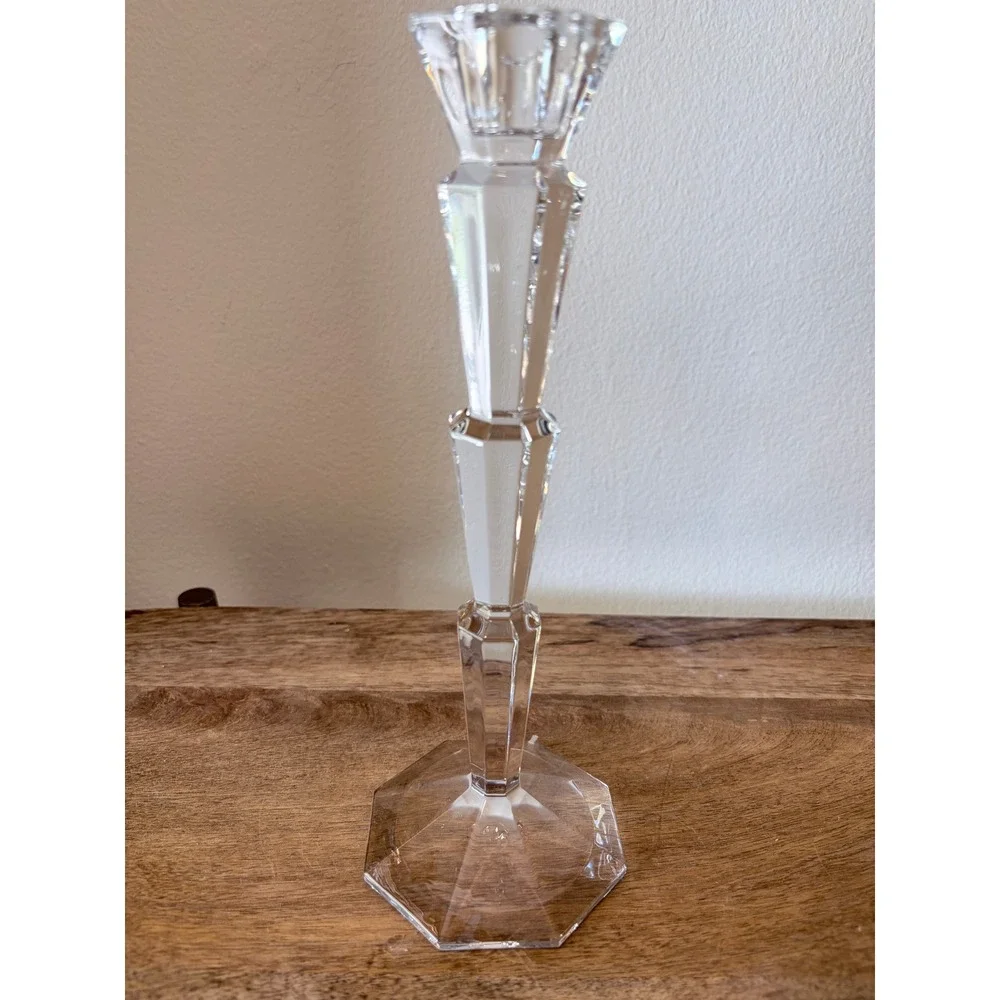 Art Deco Crystal Glass Taper Candle Holder Tiered Geometric Hexagon Base 9.5 in